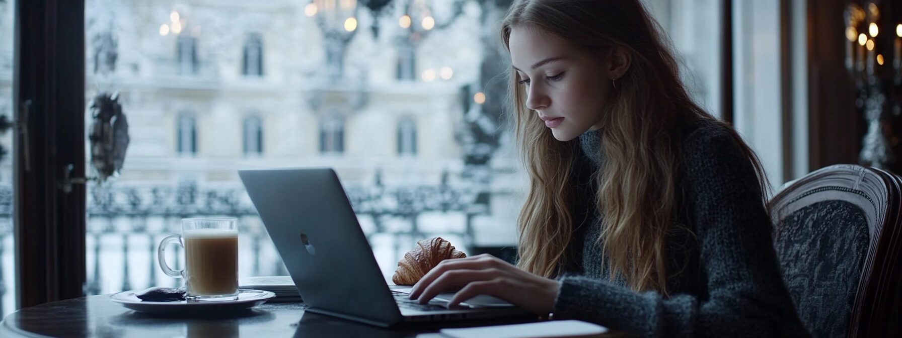 Young woman typing on a laptop in a snowy window-side café, with a croissant and coffee beside her.