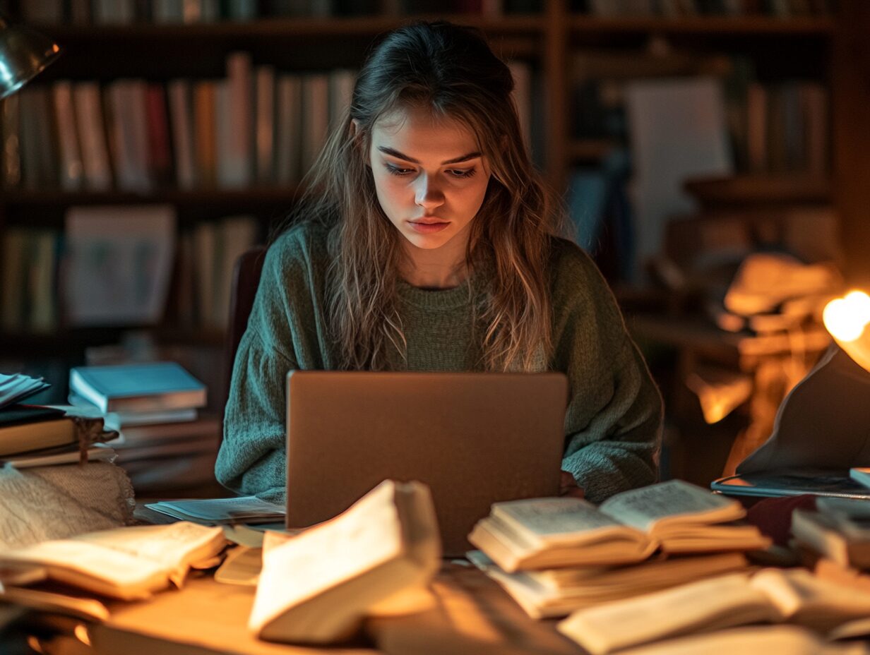 A young woman intensely studying economics on her laptop at night, surrounded by open textbooks and soft lighting.