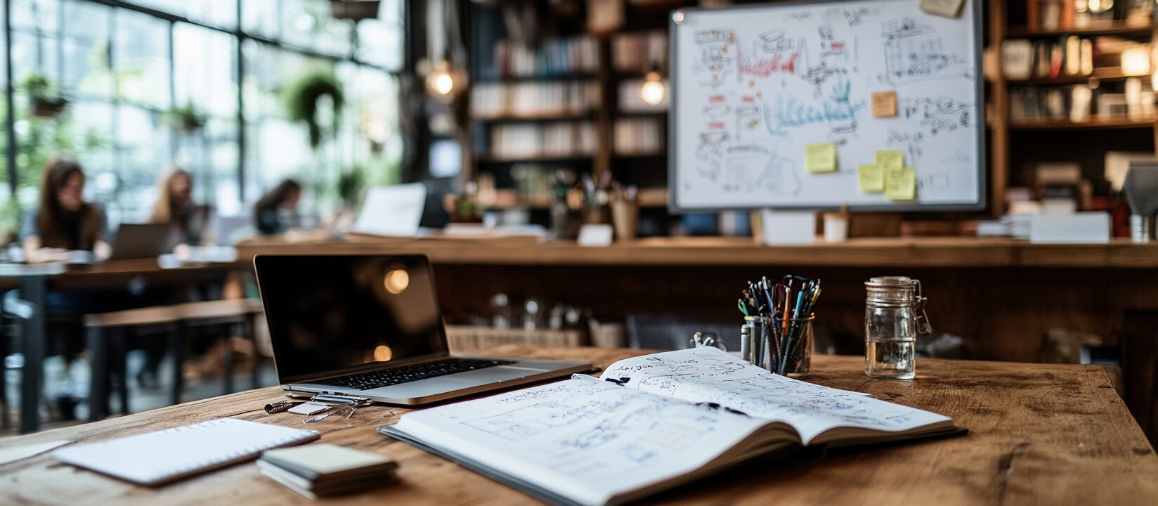 Open notebook filled with diagrams and notes on a desk in a modern study space, laptop nearby.