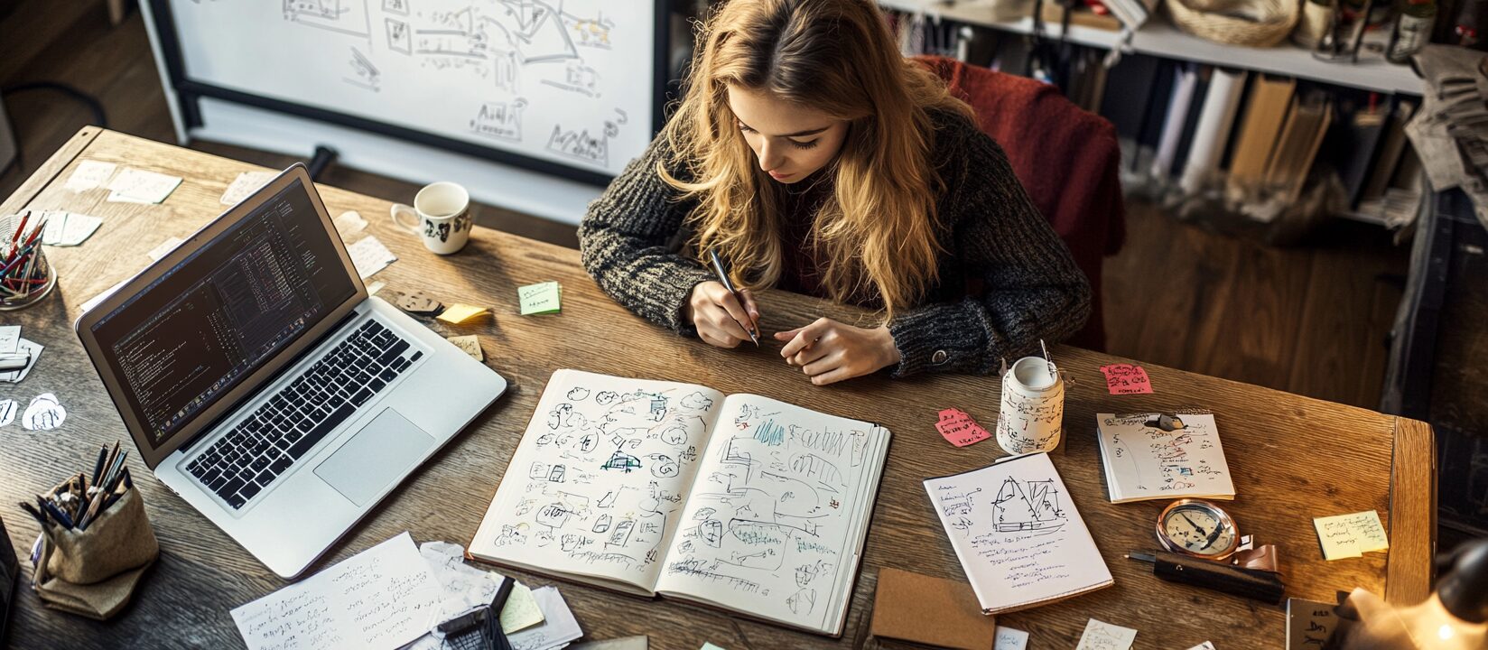 Female student surrounded by notes and a laptop, writing ideas for economics concepts on a wooden desk.