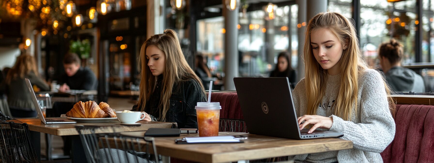 Two young women working on laptops at a modern cafe, each with drinks and breakfast items.