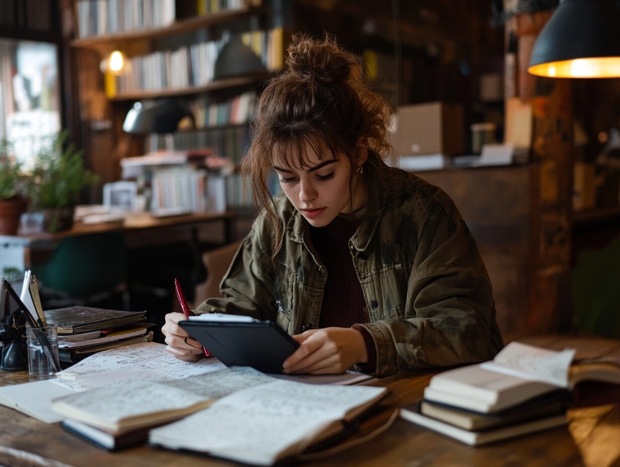 Female student in a casual study space reviewing notes on a tablet, surrounded by sociology books and written notes.