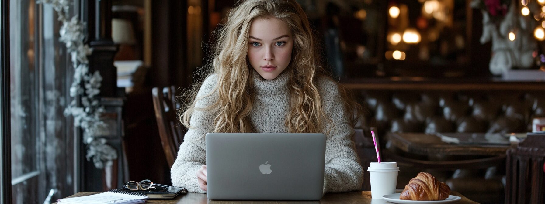 Focused young woman using a MacBook in a classy café with a croissant and notebook nearby.