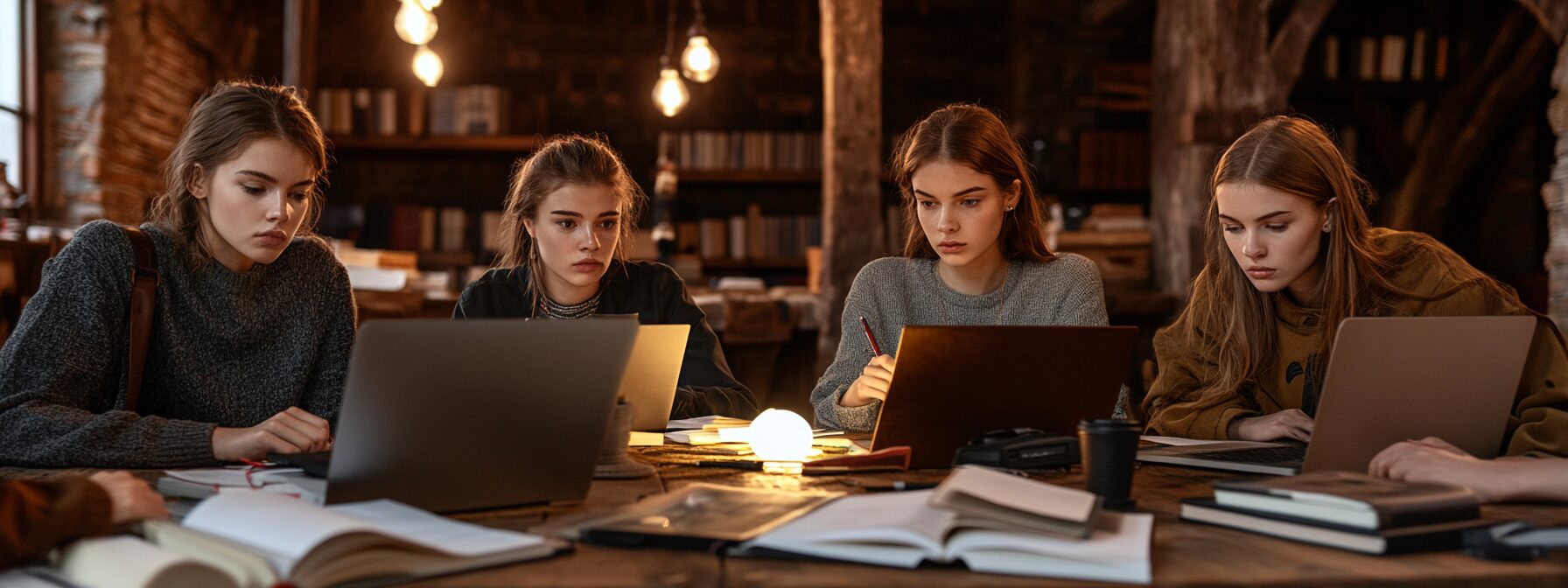 Four college students intensely focused on laptops and notes around a shared wooden table in a warmly lit room.