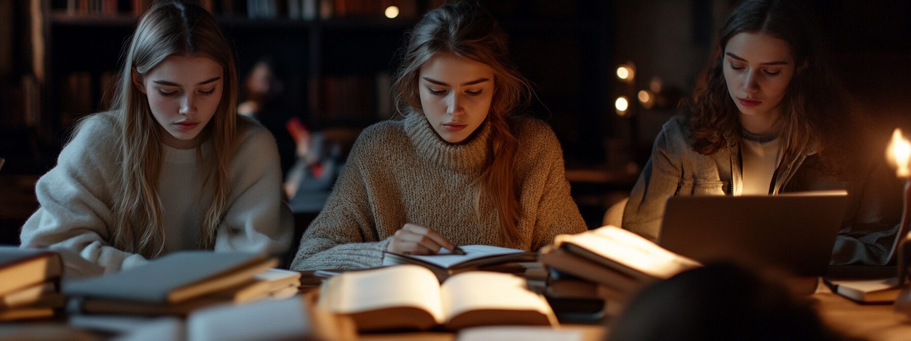 Three female students focused on books and laptops around a large study table in a dimly lit library setting.