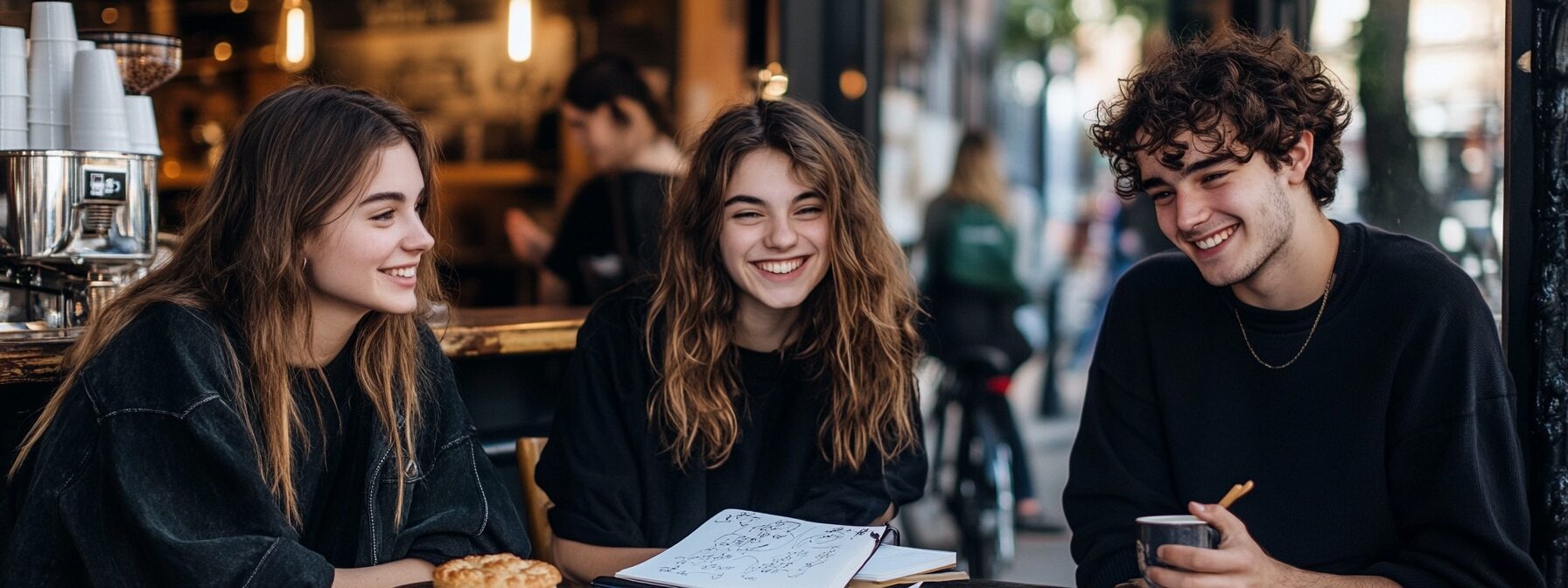 Three college students smiling and studying Earth science together at a cafe