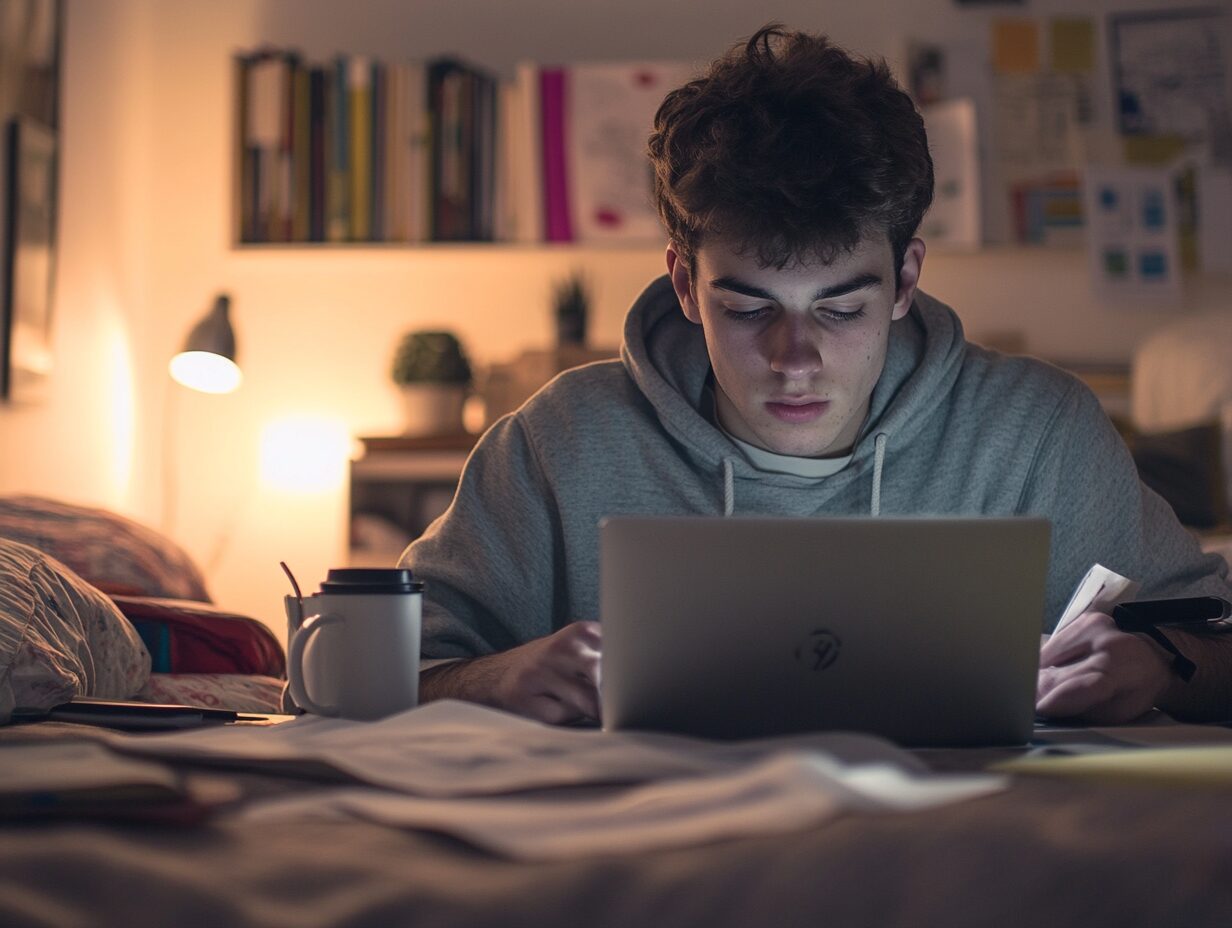 Male student in a hoodie intensely studying on his laptop in a dimly lit room, surrounded by notes and coffee.