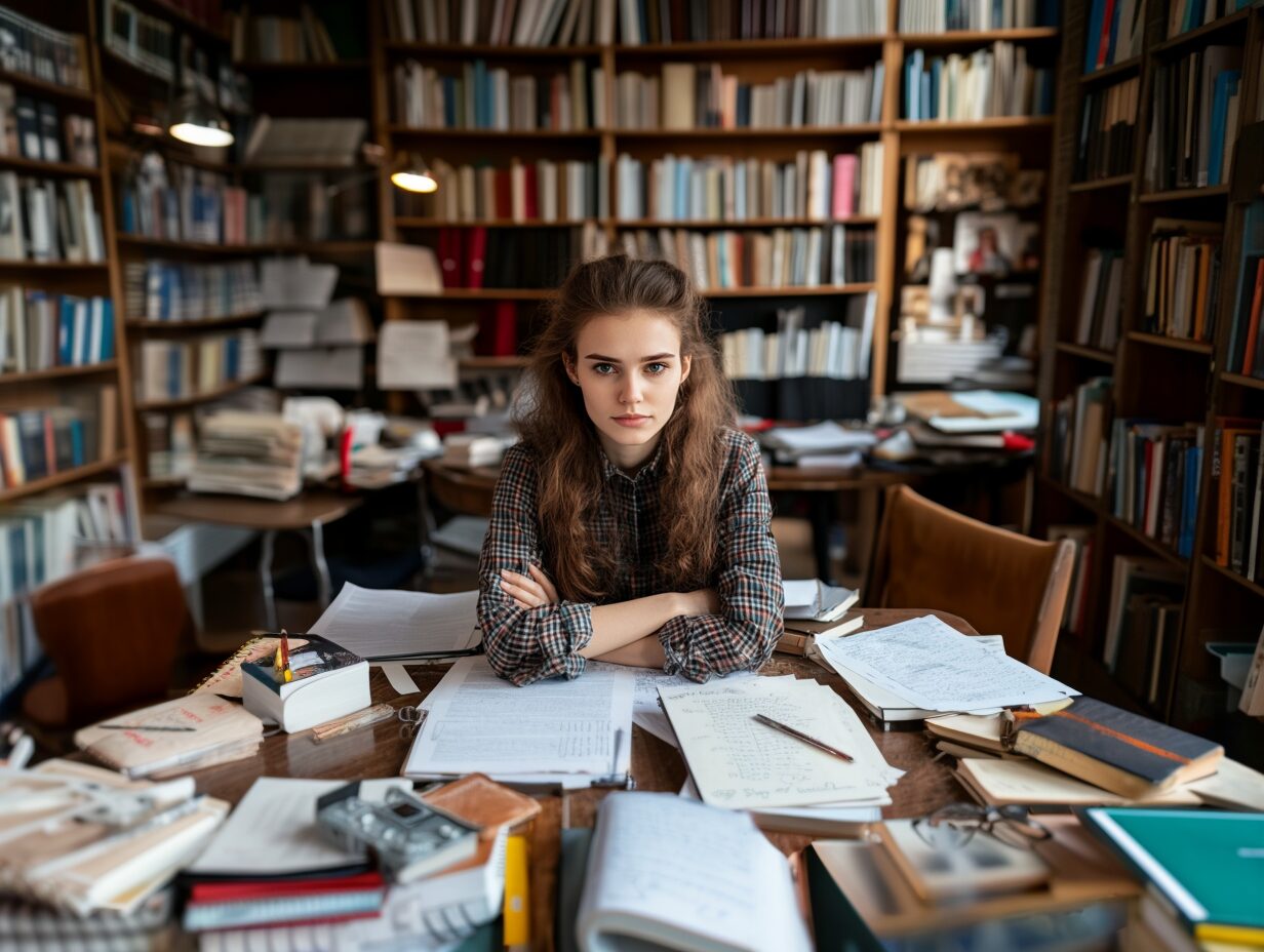 Female student with curly hair sitting at a cluttered library table filled with psychology textbooks, notes, and study tools.