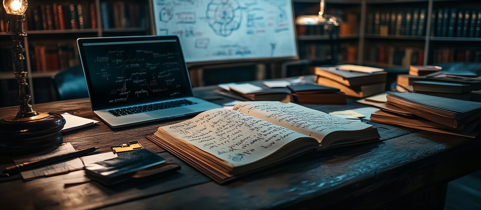 A dimly lit but cozy workspace with open notebooks full of psychology diagrams, a laptop, and bookshelves in the background.
