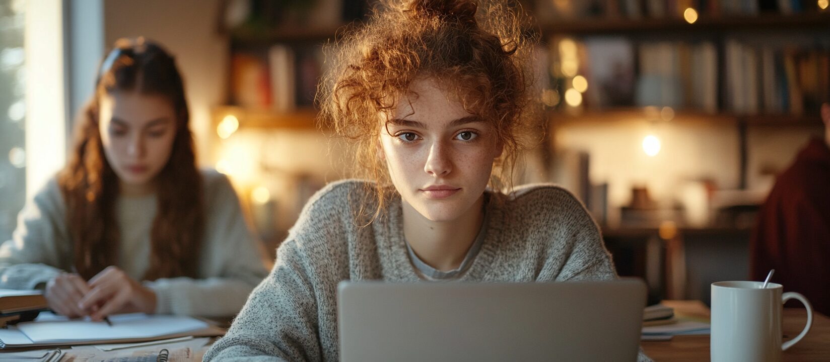 Curly-haired female student staring intently at a laptop with a mug and notebook nearby, set in a warmly lit modern room.