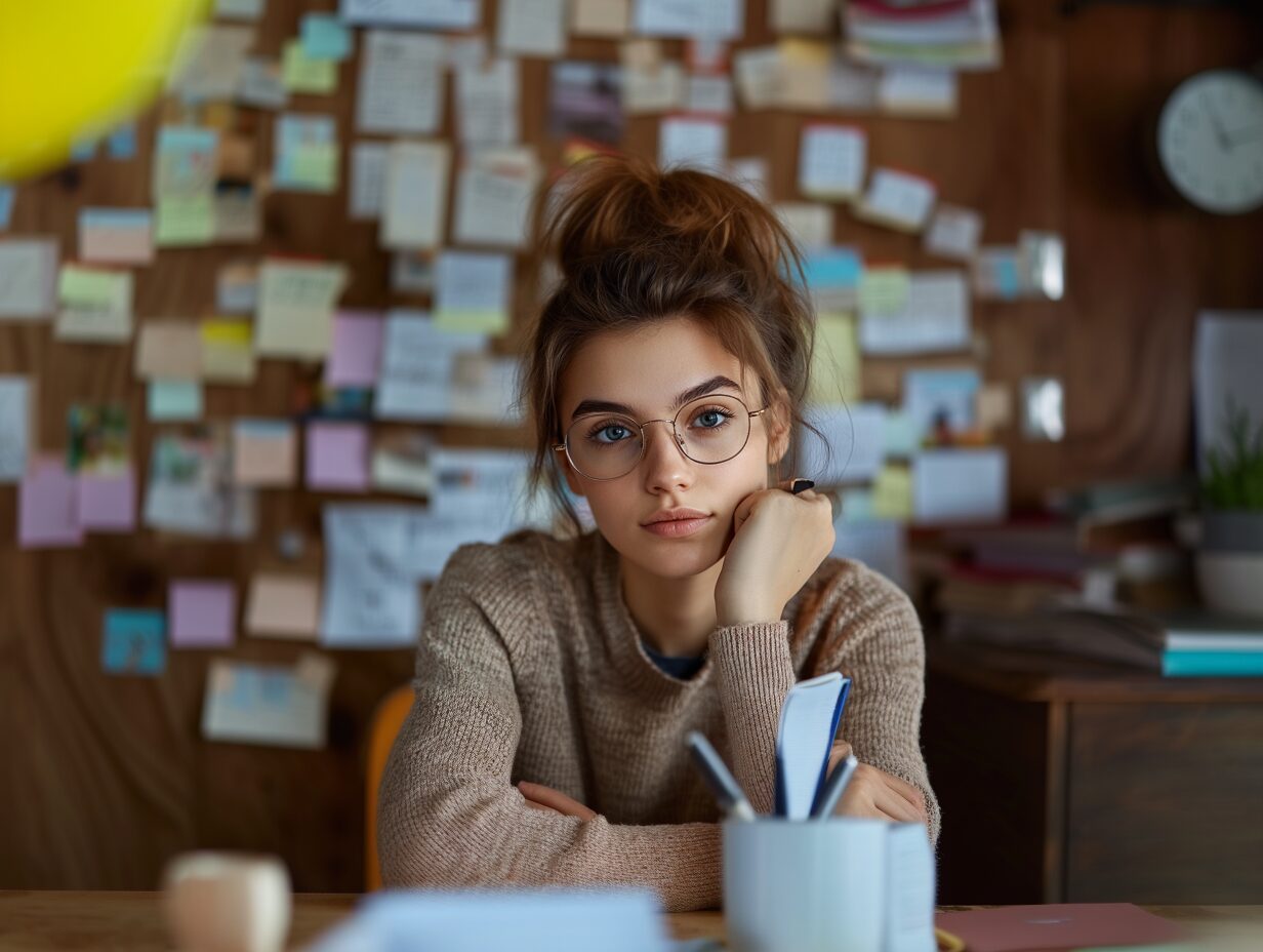 Female student in glasses sitting at a desk, resting her face on her hand, with a wall full of notes and reminders behind her.