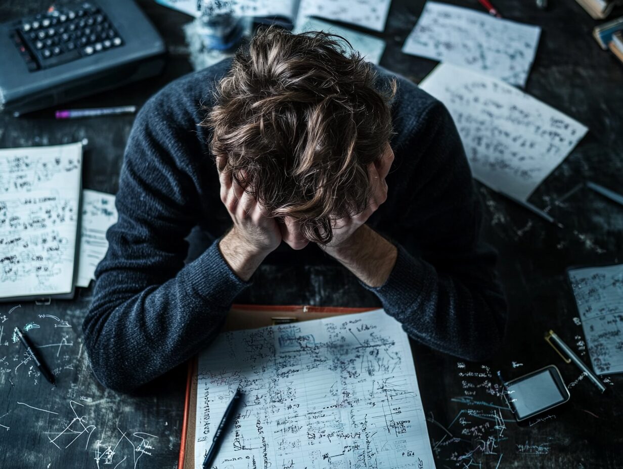 Male student sitting at a desk covered with handwritten notes, holding his head in frustration.