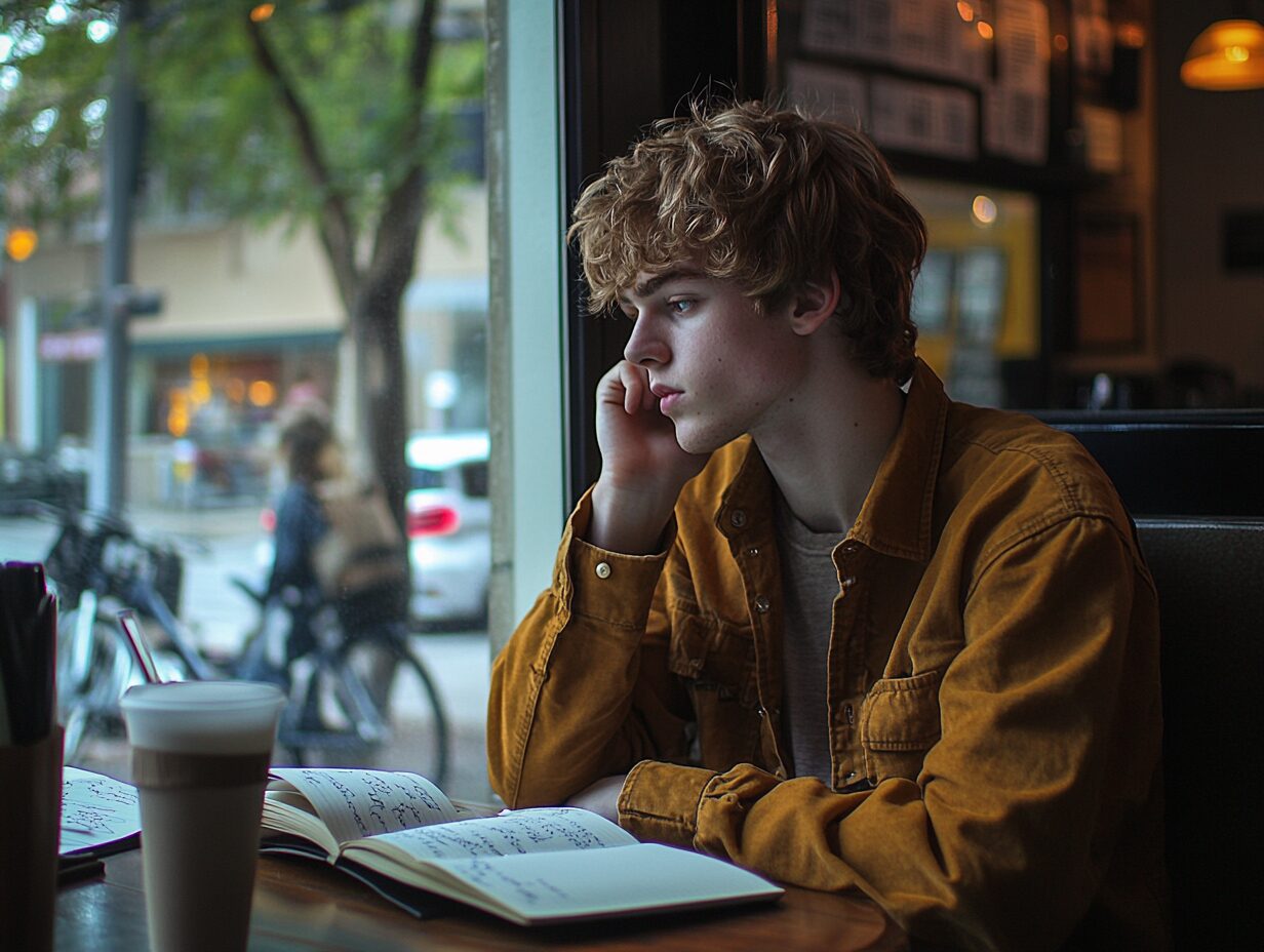 Male student in mustard jacket looking thoughtfully outside while studying with open Earth science notebooks