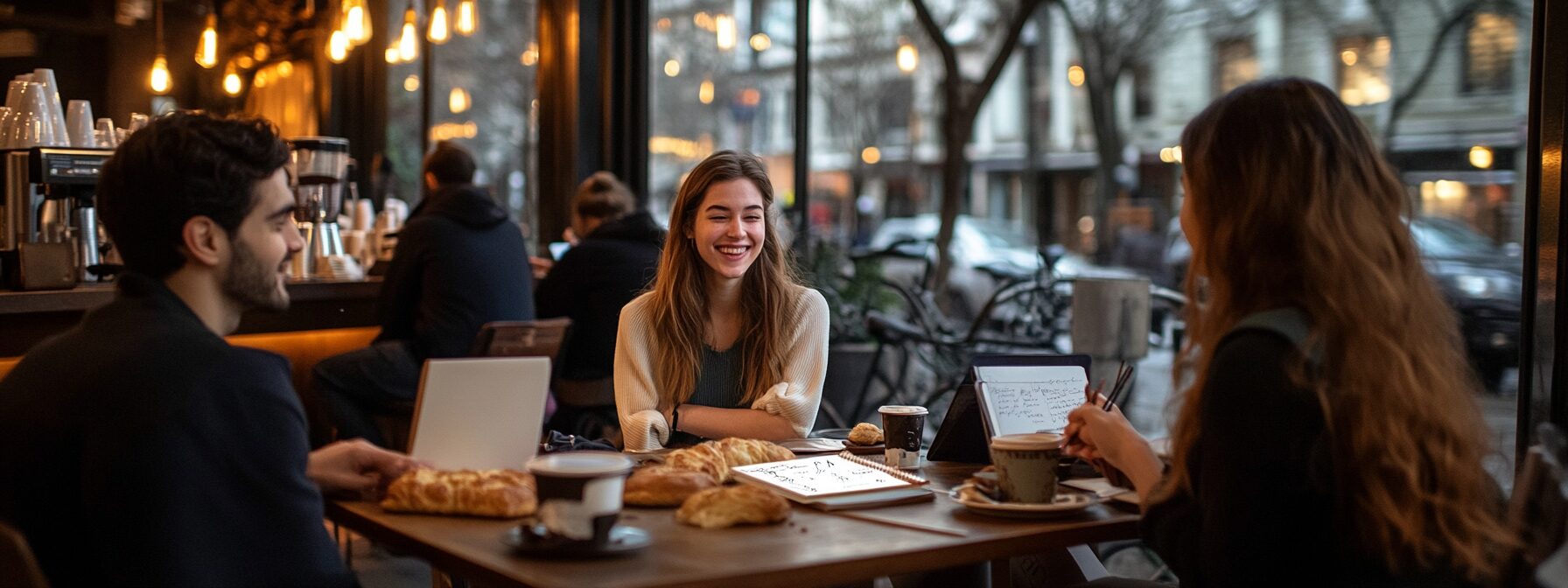 Group of students enjoying pastries and studying together with laptops and notebooks in a cozy café.