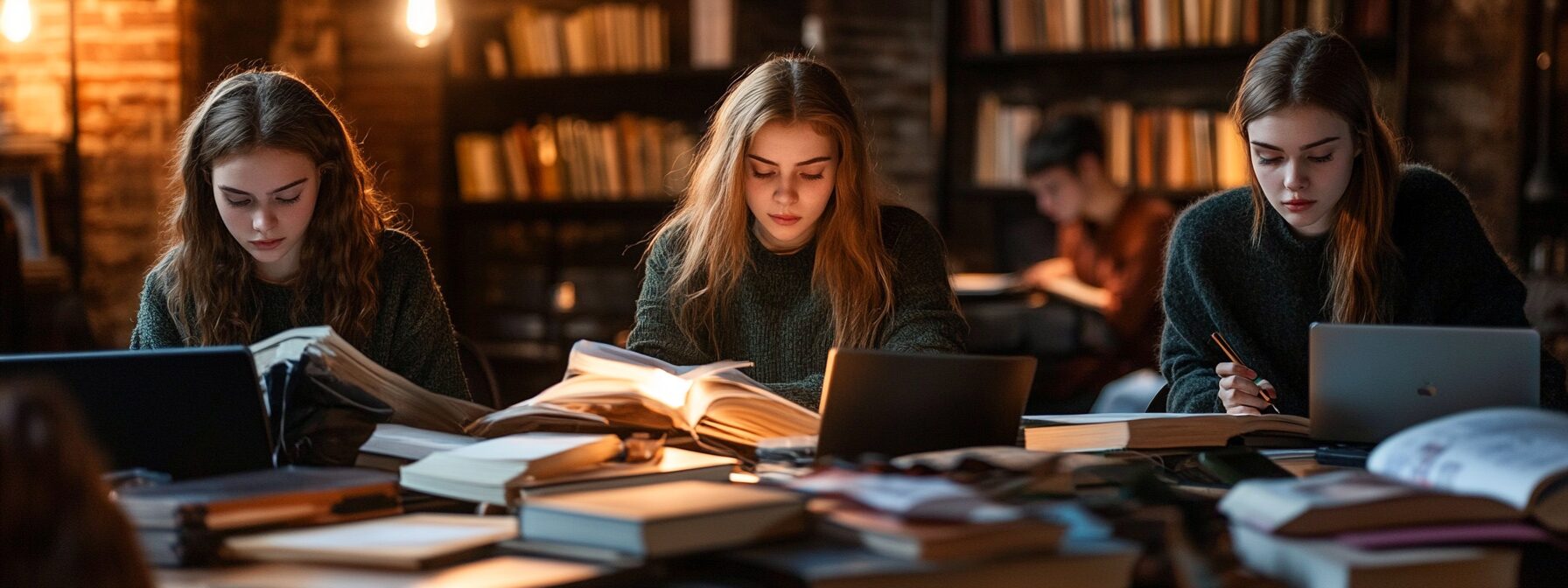 Three students working on economics assignments at a large table filled with books, laptops, and study materials in a library setting.