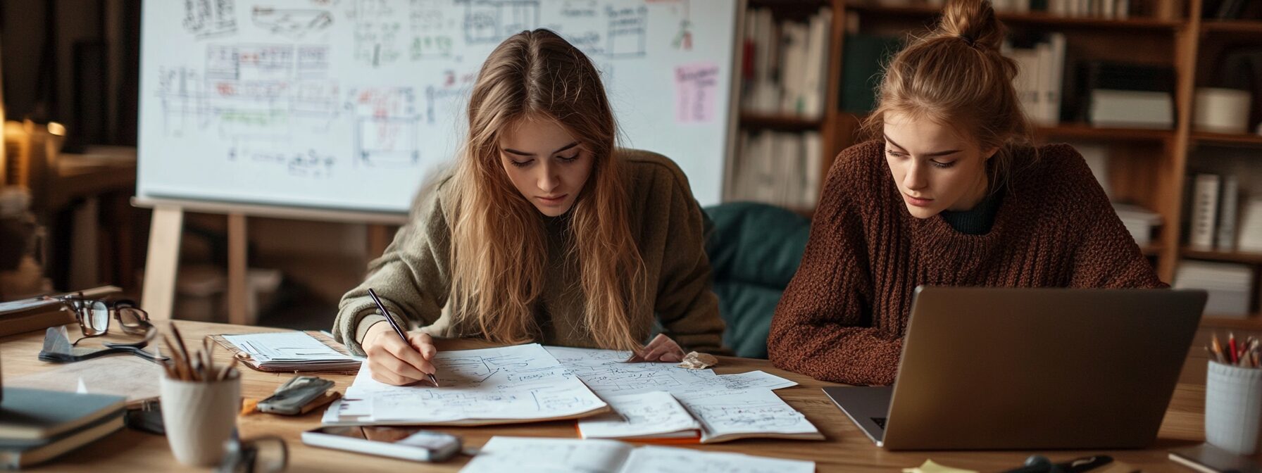 Two female students working intensely at a shared table covered in charts and graphs, with a whiteboard in the background.