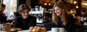 Two smiling students laughing with pastries and coffee while studying.