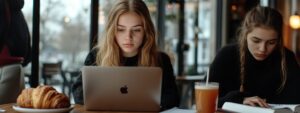 Female student in a café looking intensely at her laptop screen.