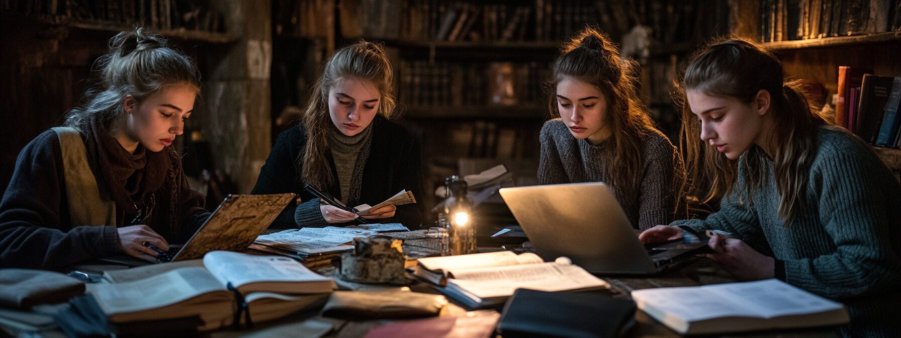 Four college students studying around a wooden table, lit by candlelight, surrounded by vintage books.