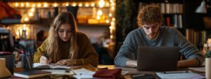 Two college students focused on notebooks and laptops under warm lights