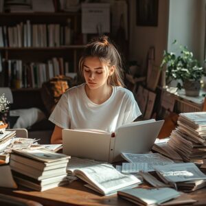 Focused student reading an accounting textbook with stacks of books and a laptop