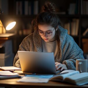 Student in glasses and blanket studying intently by lamp light