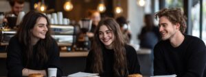 Group of three students smiling at a café with notebooks on the table