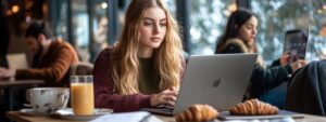 Student in a café with juice and croissant studying on a laptop