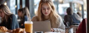 Girl in a café focused on a laptop with orange juice beside her.
