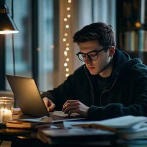 Male student wearing glasses studying at a decorated desk