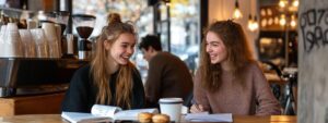 Two female students laughing together over notebooks and coffee in a café.