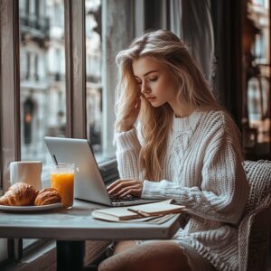 Blonde student typing on a laptop in a café with breakfast beside her.