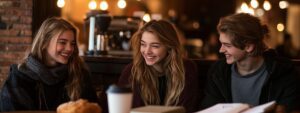 Three students laughing at a coffee shop table with study materials