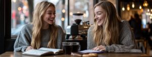 Two students laughing and studying together at a cafe with open notebooks