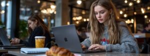 A young woman intensely working on her laptop at a café with a croissant and juice beside her.