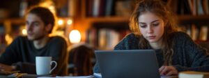 Girl using laptop with intense focus, blurred male student in background