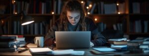 Female student studying with a laptop, mug, and textbooks under soft lighting.
