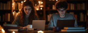 Students studying together in a cozy library with laptops open