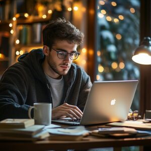 Male student in hoodie working on laptop in cozy room