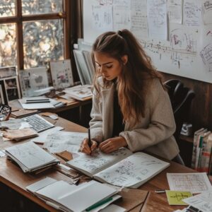 Focused college student sketching equations and graphs at a cluttered desk.