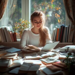 Student studying at a window desk surrounded by open textbooks and a laptop.