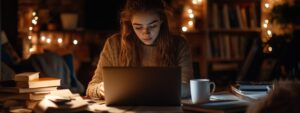 Girl in sweater working late on laptop with open books around