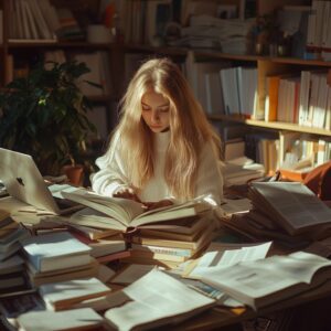 Female student intensely focused while reading at a table with dozens of books