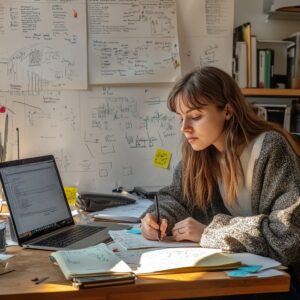 Female student taking handwritten notes at a study desk filled with papers and graphs.