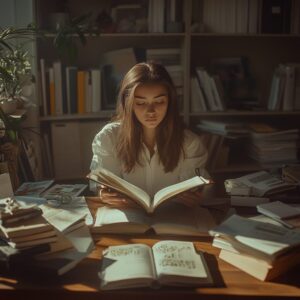 Student surrounded by open financial textbooks under warm study lighting.