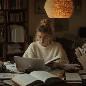 Female student surrounded by textbooks and notes under warm lighting