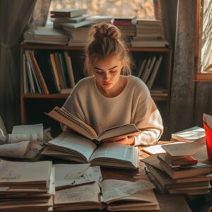 Student surrounded by open textbooks preparing for microeconomics