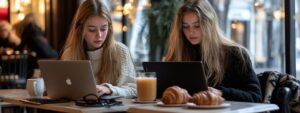 Two students at a coffee shop working on laptops with juice and croissants.