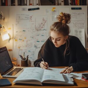 Female student studying algebra with laptop and handwritten notes in a study room.