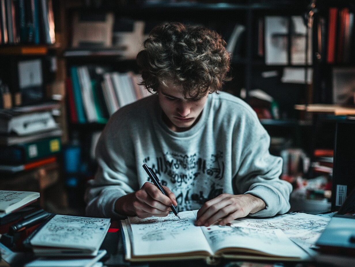 Young man with curly hair concentrating while drawing in a notebook at a cluttered study desk.